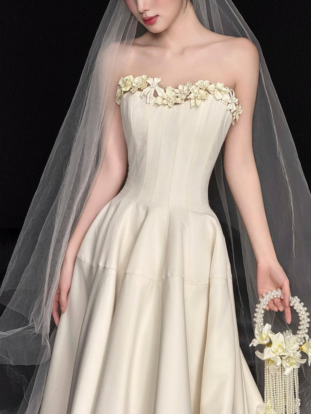 Vintage French Strapless Satin Wedding Gown, Handmade 3D Flower Sweetheart A Line Bride Dress Custom Size