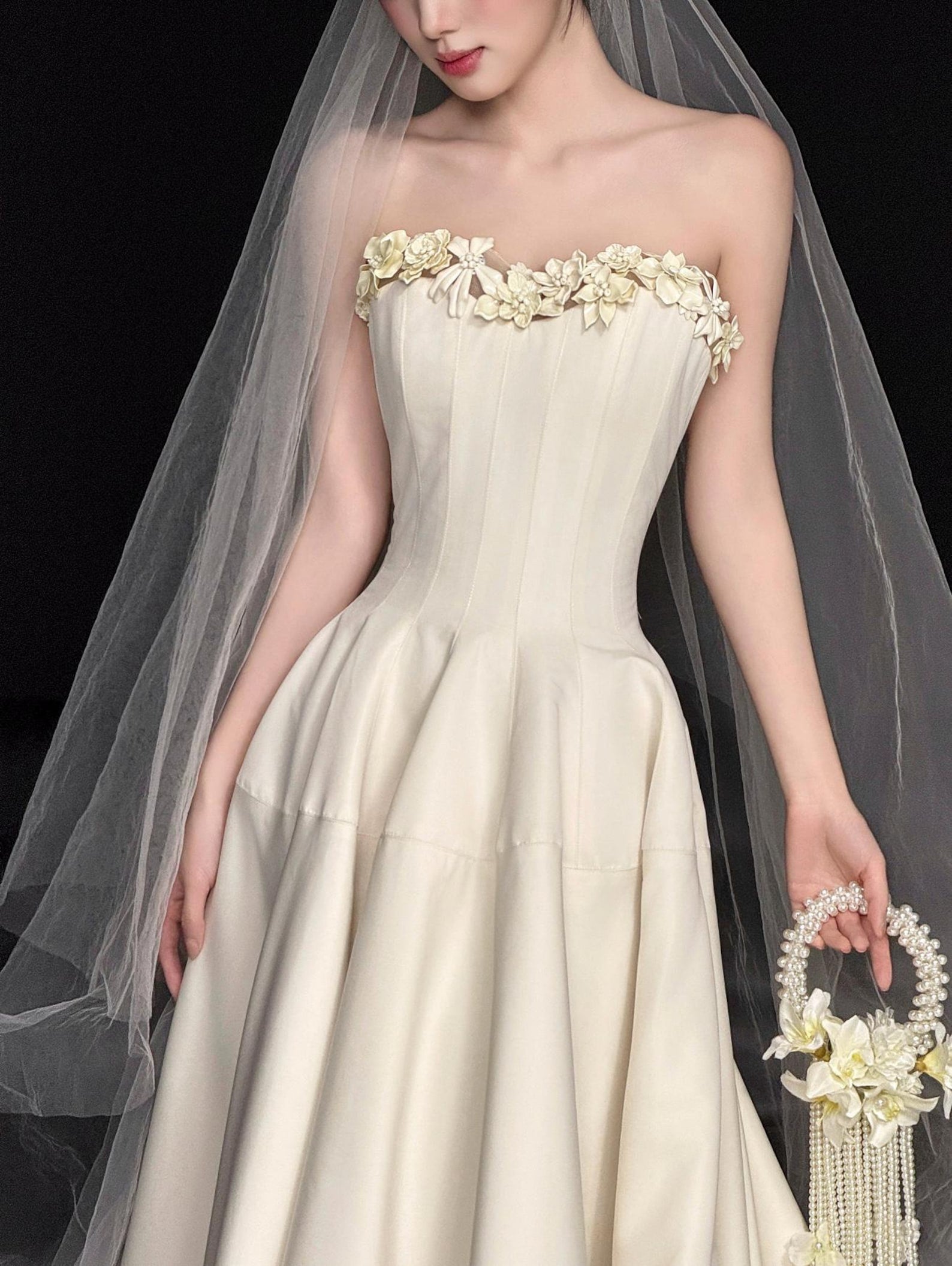 Vintage French Strapless Satin Wedding Gown, Handmade 3D Flower Sweetheart A Line Bride Dress Custom Size