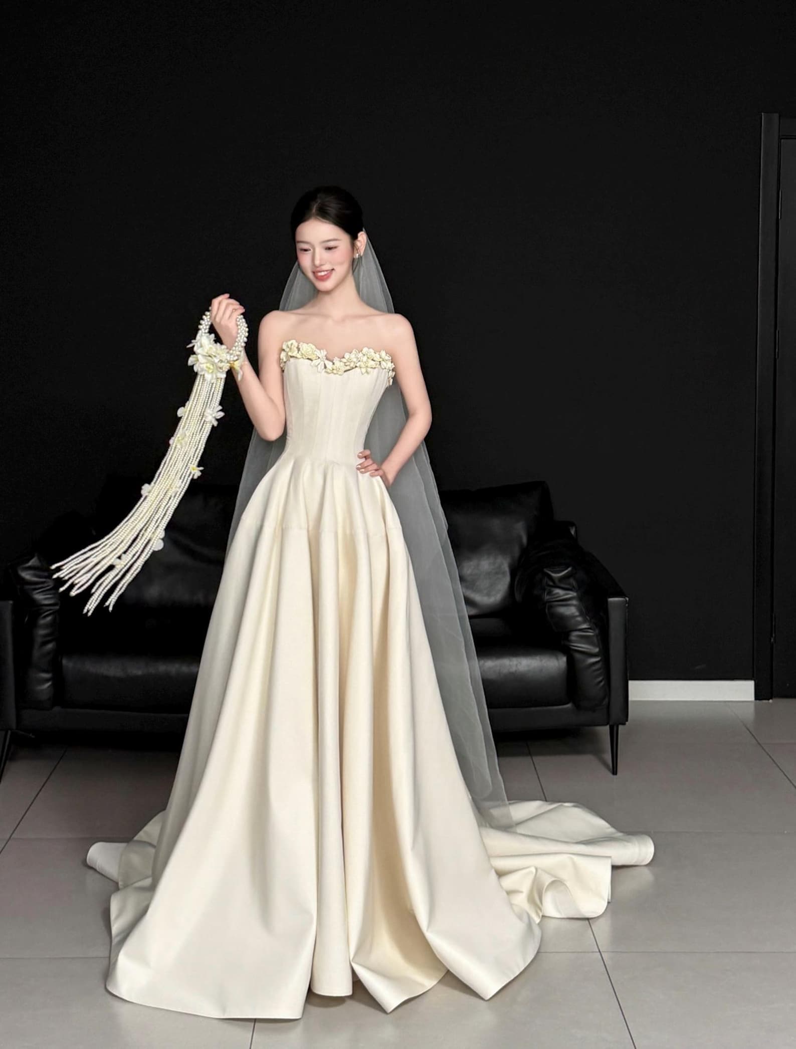 Vintage French Strapless Satin Wedding Gown, Handmade 3D Flower Sweetheart A Line Bride Dress Custom Size