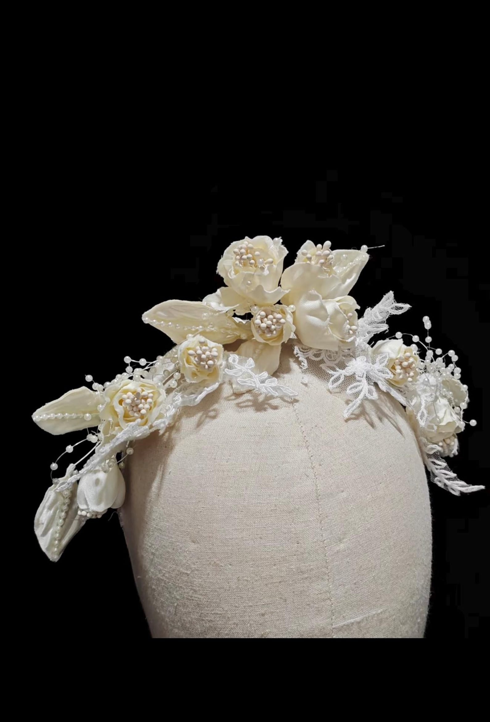 Vintage Ivory Flower Birdcage Veil, Hand Sculpted Satin Floral Fascinator with Pearls, Retro Bridal Blusher Veil for Wedding Photoshoot