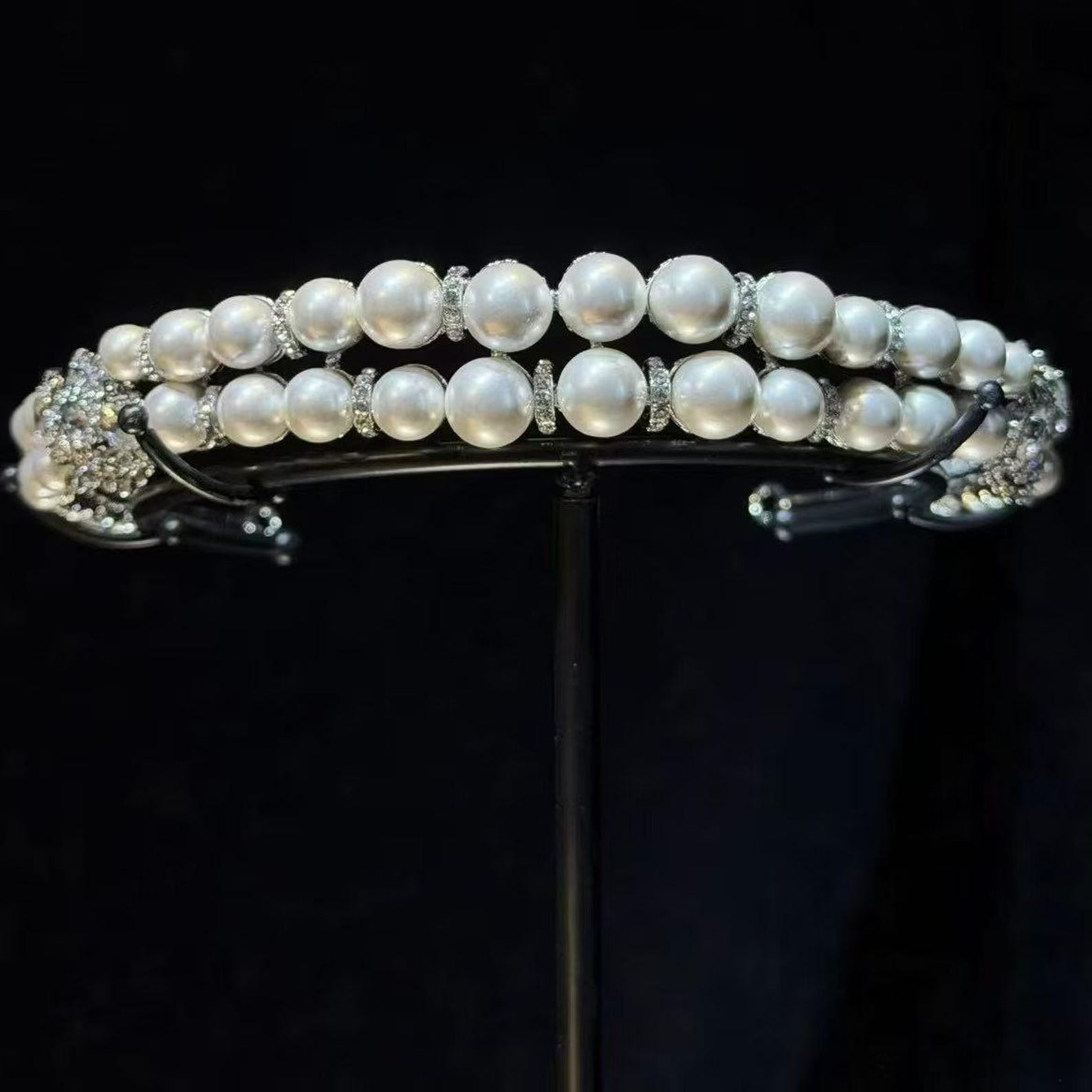 Pearl Rhinestone Bridal Headband & Earrings Set, Silver Classic Pearl Wedding Hair Jewelry for Bride