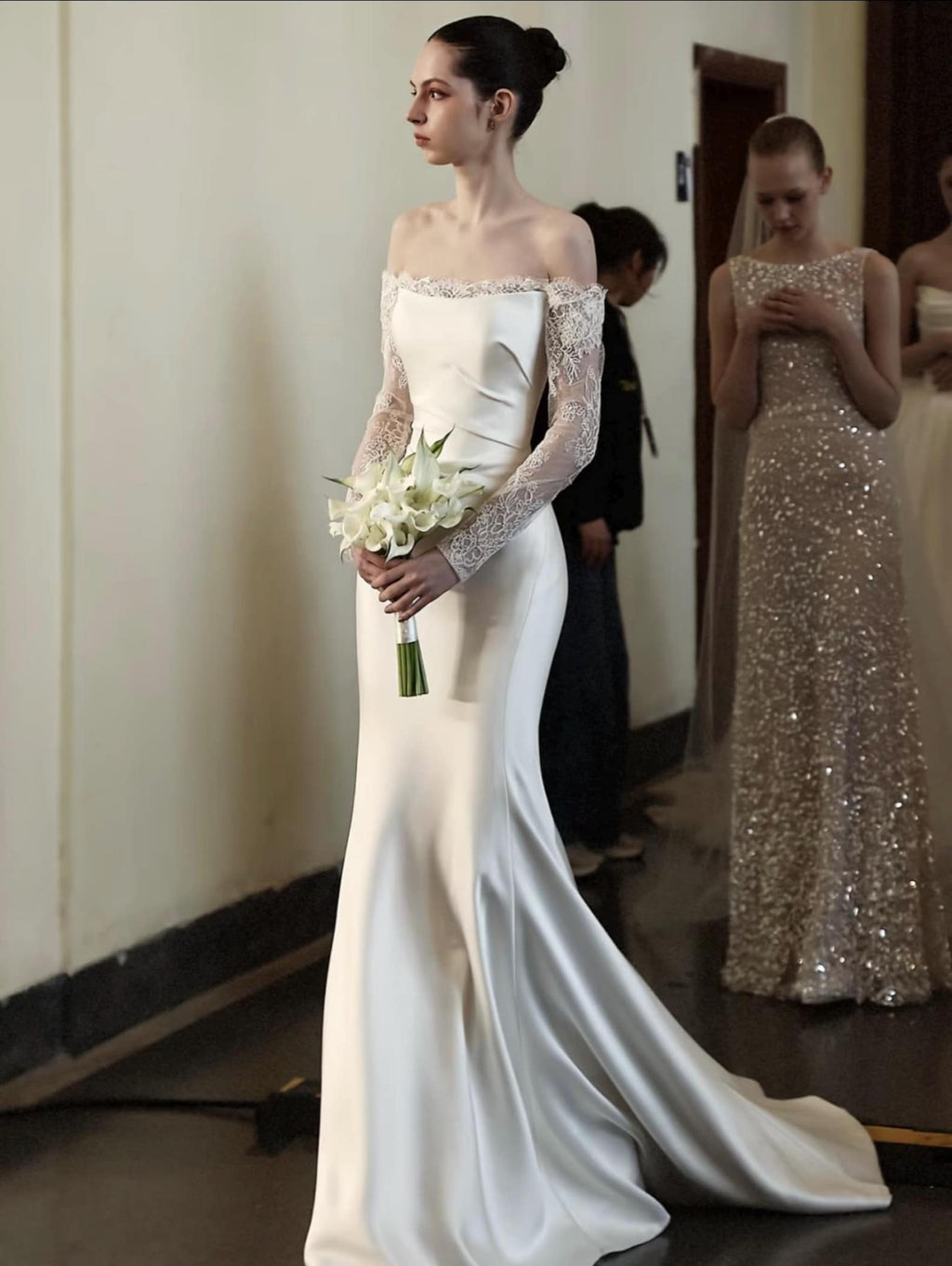 French Minimalist Bridal Gown, Scalloped Lace Long Sleeve Off The Shoulder Satin Mermaid Wedding Dress