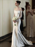 French Minimalist Bridal Gown, Scalloped Lace Long Sleeve Off The Shoulder Satin Mermaid Wedding Dress
