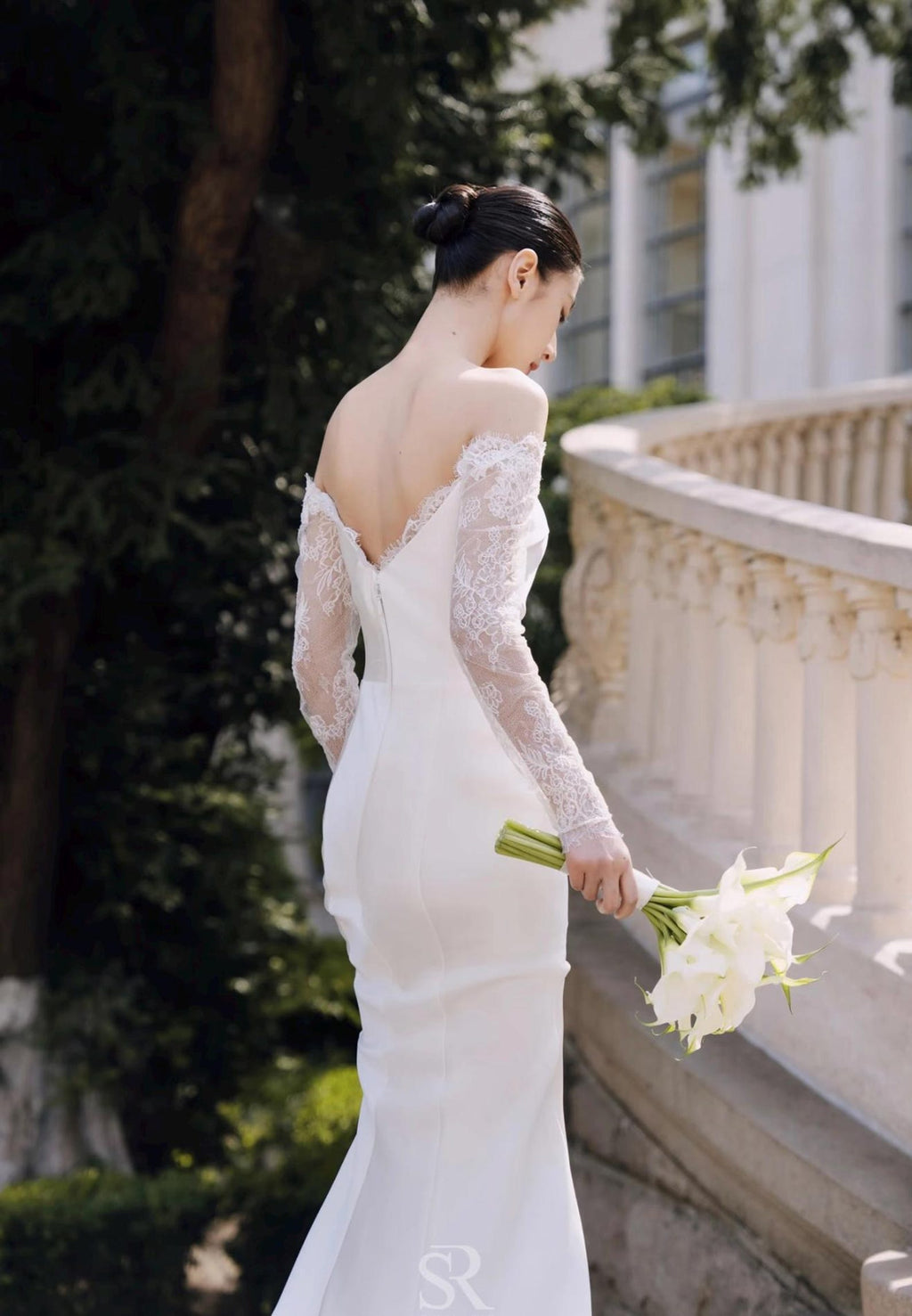 French Minimalist Bridal Gown, Scalloped Lace Long Sleeve Off The Shoulder Satin Mermaid Wedding Dress