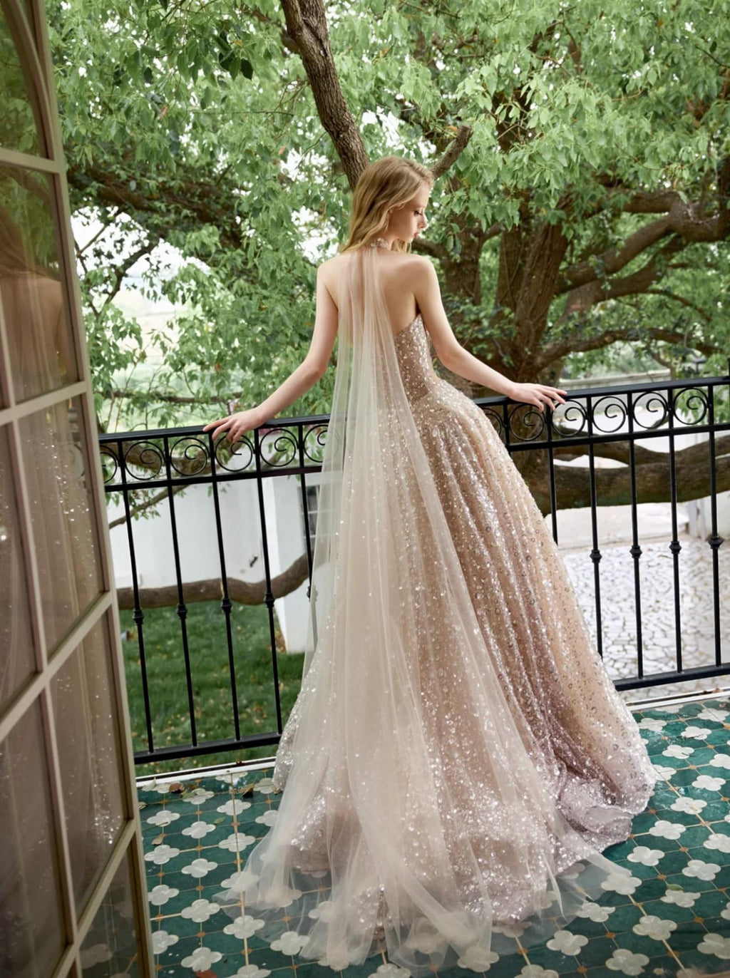 Champagne Halter Sequin A Line Evening Gown, Sparkly Deep V Backless Tulle Formal Prom Dress