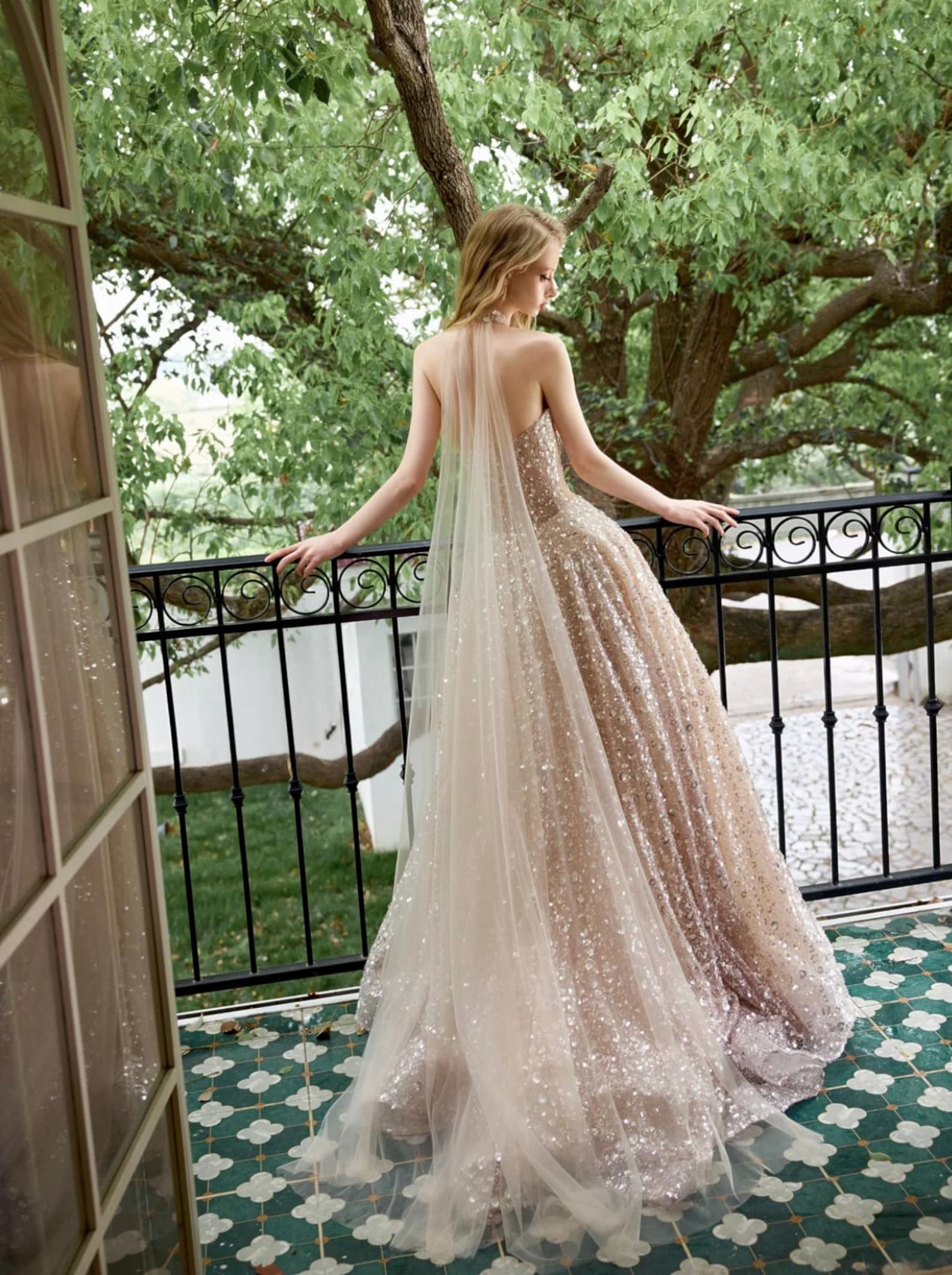 Champagne Halter Sequin A Line Evening Gown, Sparkly Deep V Backless Tulle Formal Prom Dress