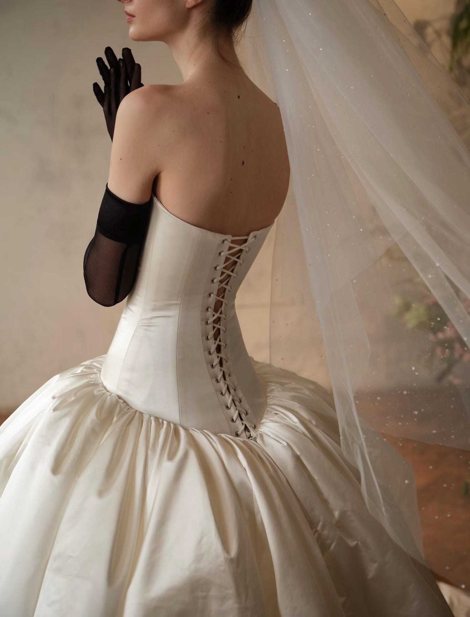 Strapless Ballgown Satin Wedding Dress, Minimalist Low Waist Bridal Gown, Luxury Plain Ivory Wedding Gown With Train, Old Money Bride Dress