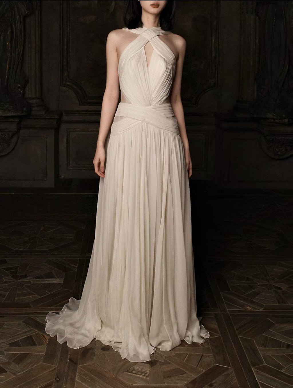 Halter Twist Pleated Chiffon Wedding Gown, Flowy Long Ribbon Bridal Dress, Deep V A-Line Elopement Formal Evening Gown