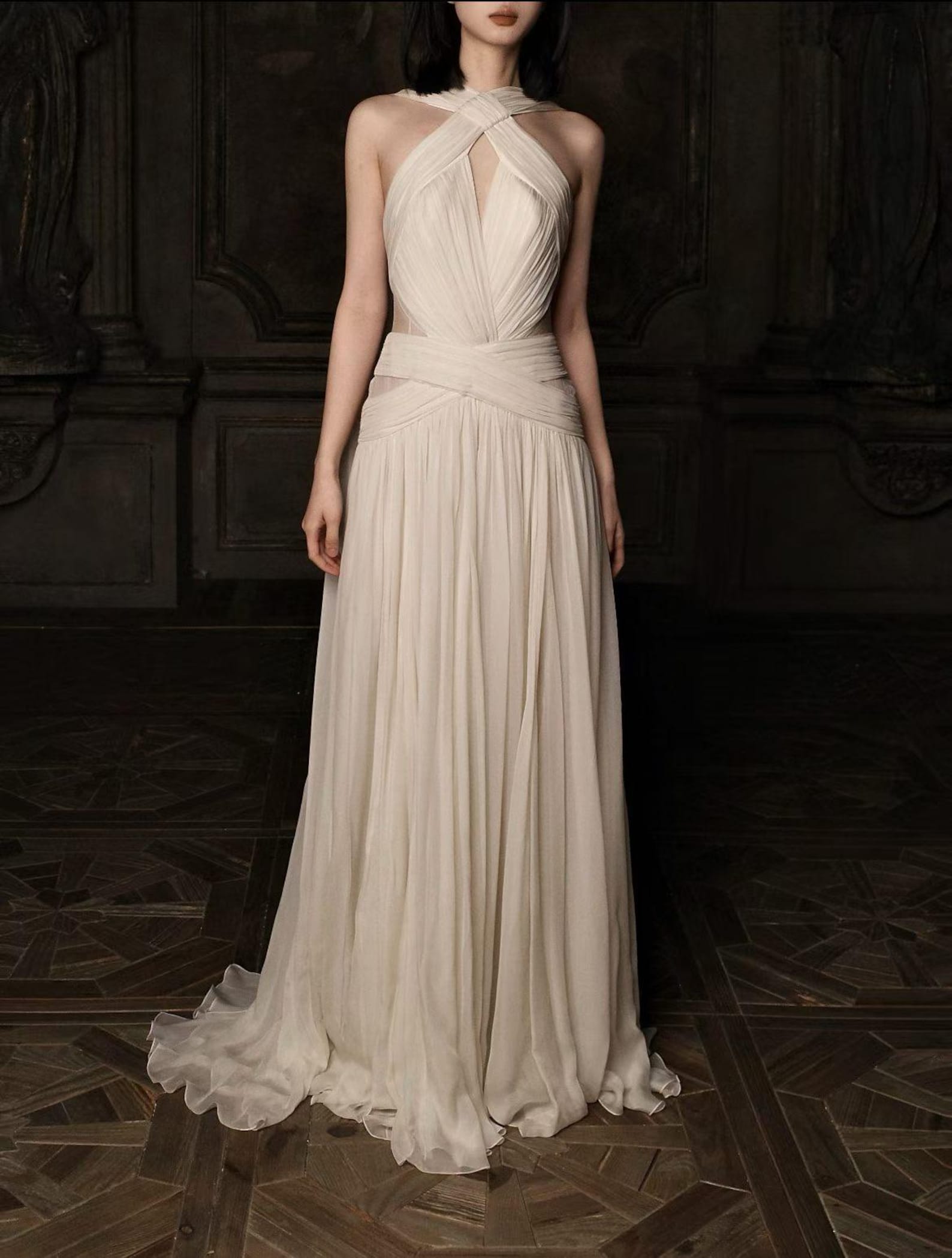 Halter Twist Pleated Chiffon Wedding Gown, Flowy Long Ribbon Bridal Dress, Deep V A-Line Elopement Formal Evening Gown