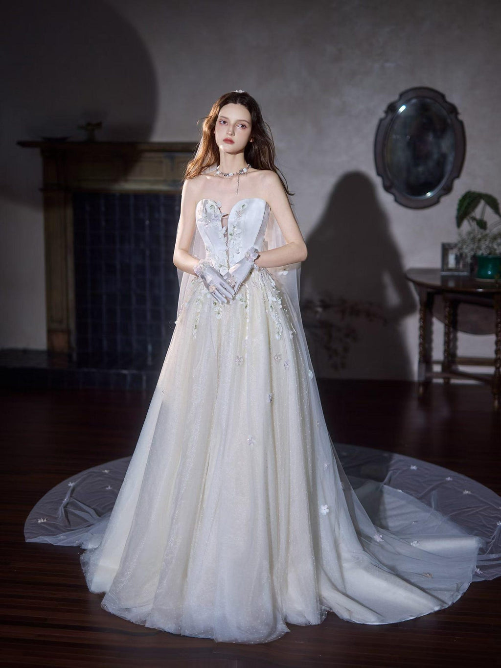 Strapless Satin 3D Floral Ball Gown Wedding Dress