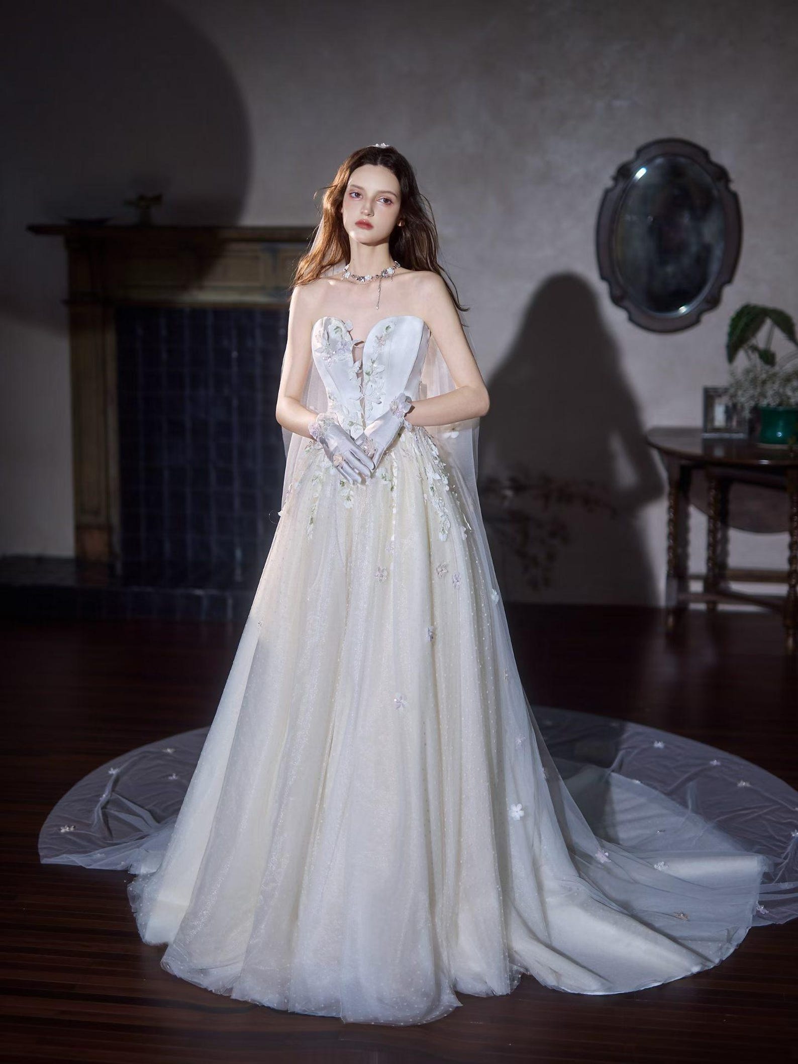Strapless Satin 3D Floral Ball Gown Wedding Dress