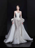 Custom Luxury Corset Mermaid Wedding Dress, Strapless Satin Bridal Gown With Detachable Big Train, Rhinestone Lace & Long Sheer Gloves