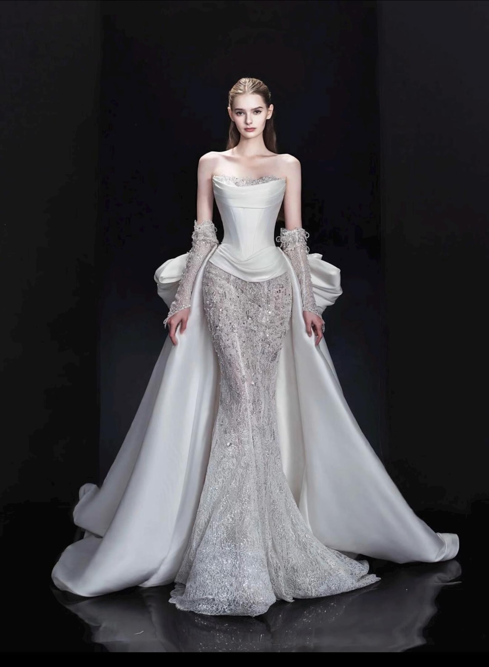 Custom Luxury Corset Mermaid Wedding Dress, Strapless Satin Bridal Gown With Detachable Big Train, Rhinestone Lace & Long Sheer Gloves