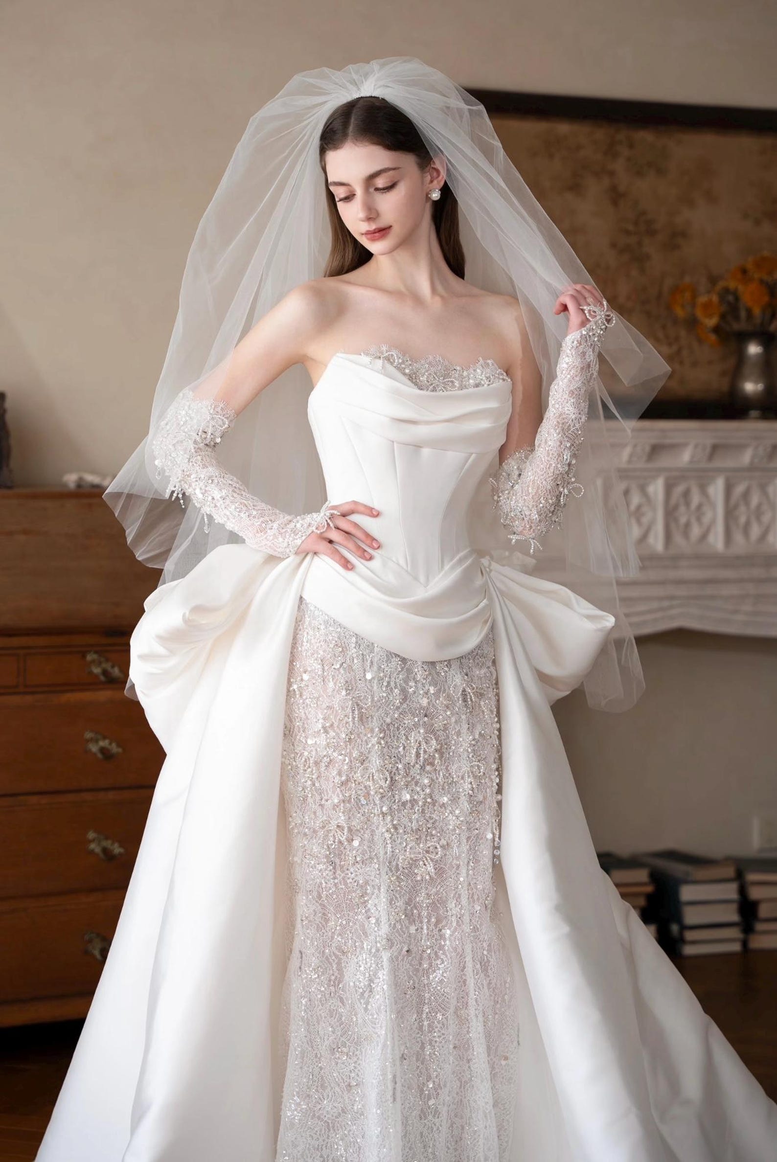 Custom Luxury Corset Mermaid Wedding Dress, Strapless Satin Bridal Gown With Detachable Big Train, Rhinestone Lace & Long Sheer Gloves