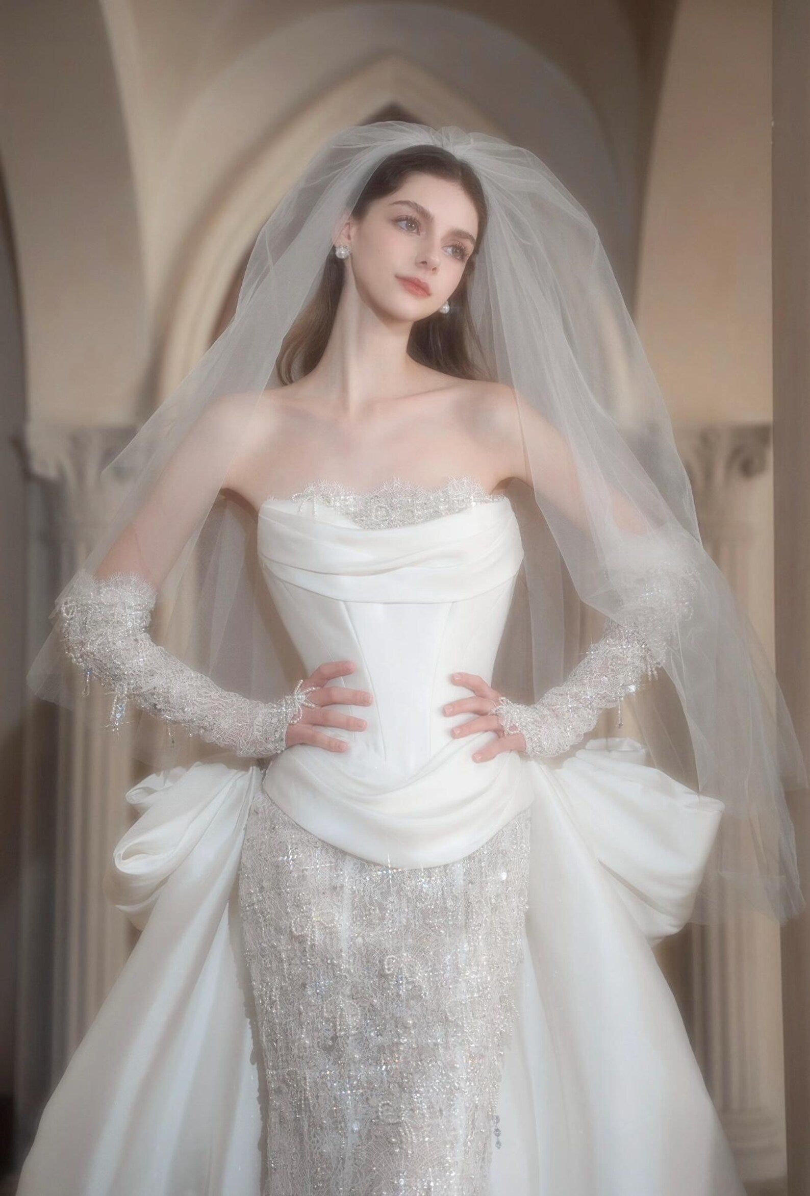 Custom Luxury Corset Mermaid Wedding Dress, Strapless Satin Bridal Gown With Detachable Big Train, Rhinestone Lace & Long Sheer Gloves