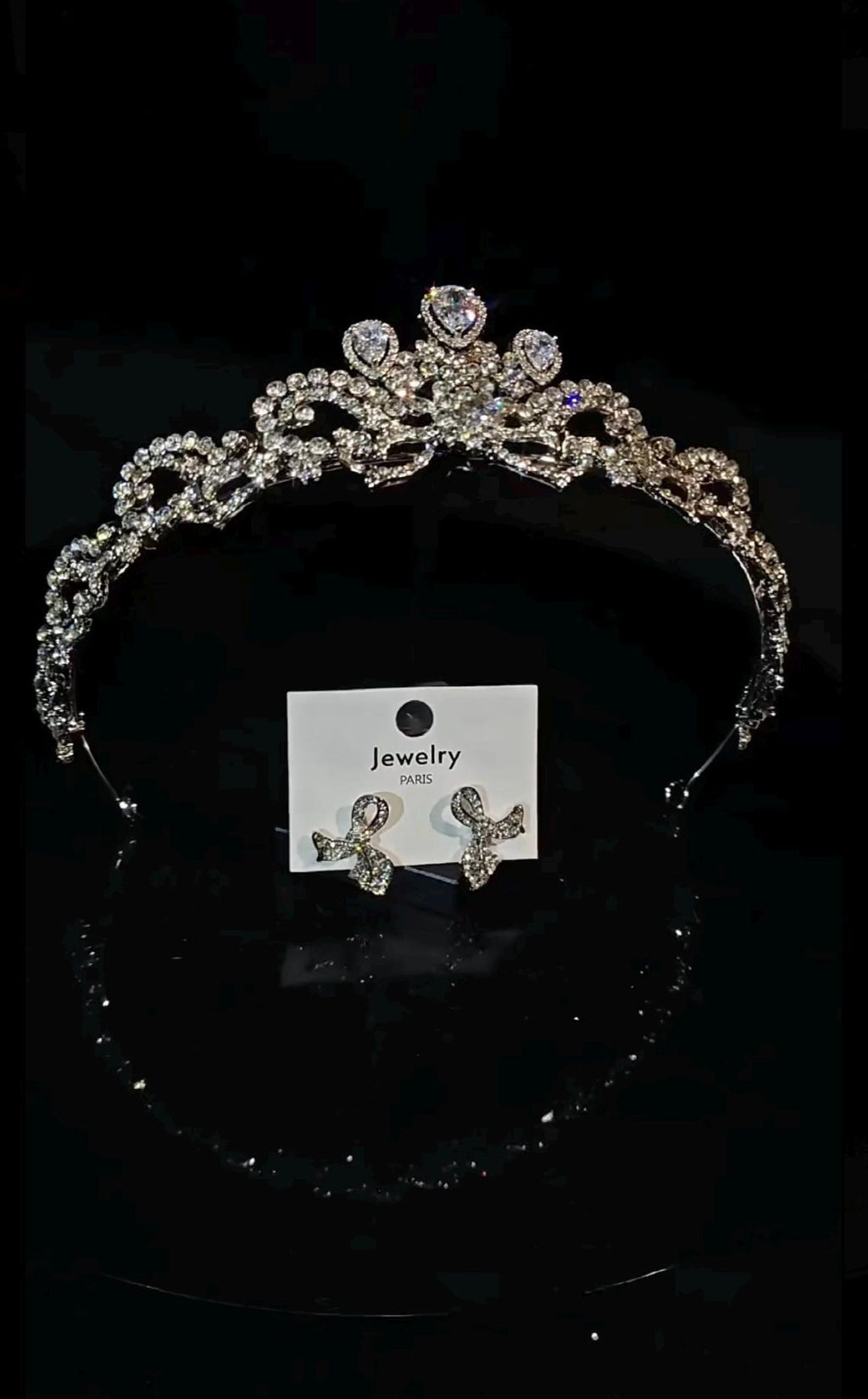 Luxury Rhinestone Wedding Tiara with Matching Bow Earrings, Bridal Crown Jewelry Set