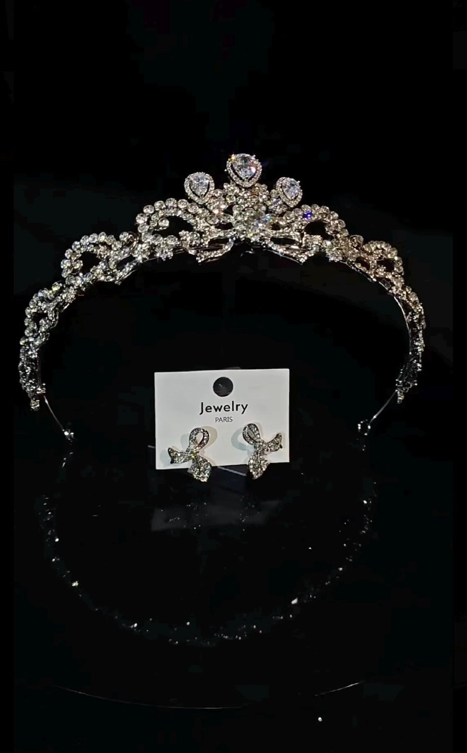 Luxury Rhinestone Wedding Tiara with Matching Bow Earrings, Bridal Crown Jewelry Set
