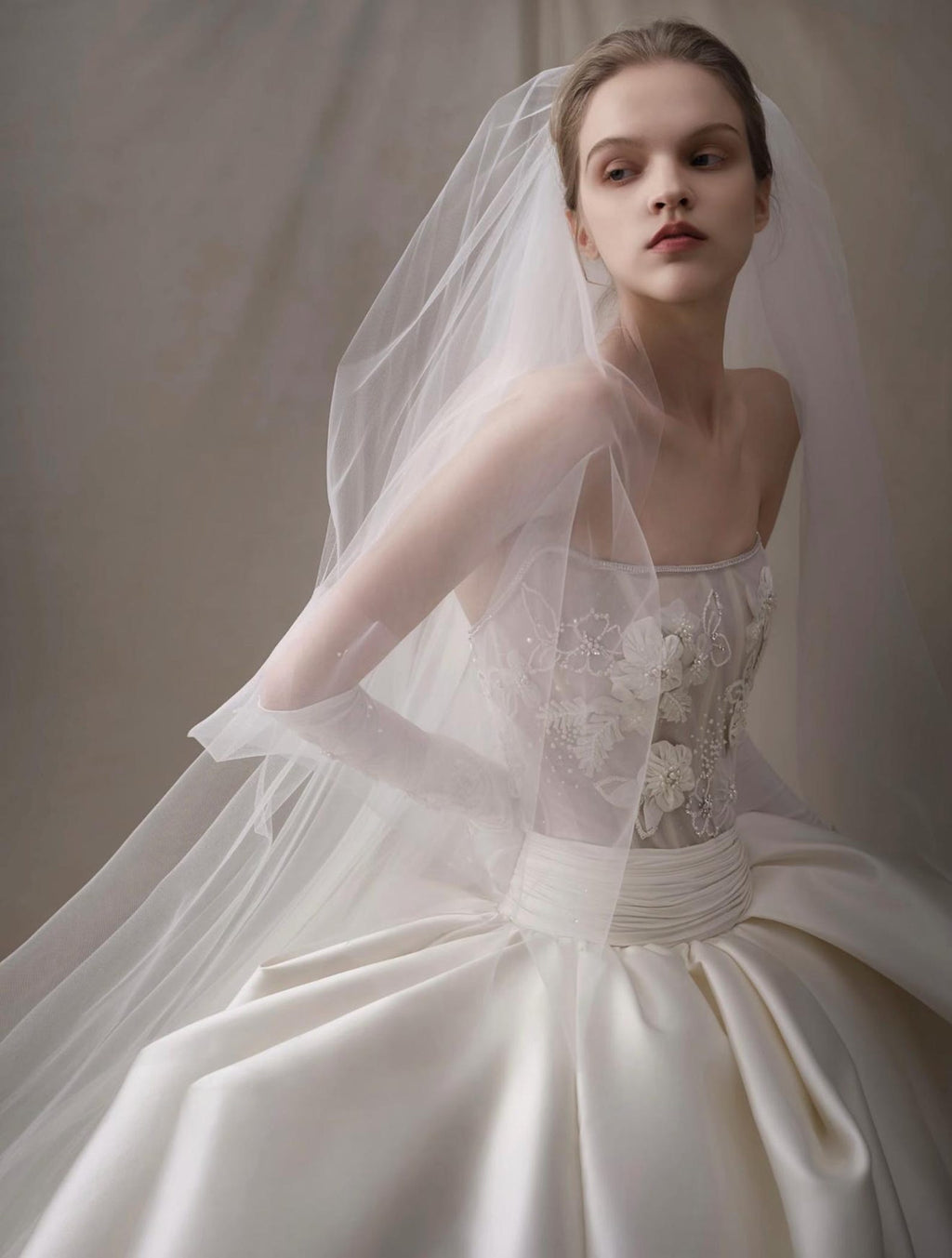 Strapless 3D Floral Satin Ball Gown Wedding Dress, Sheer Lace Bodice Bridal Gown, Luxury Big Bow Wedding Dress With Long Veil & Gloves