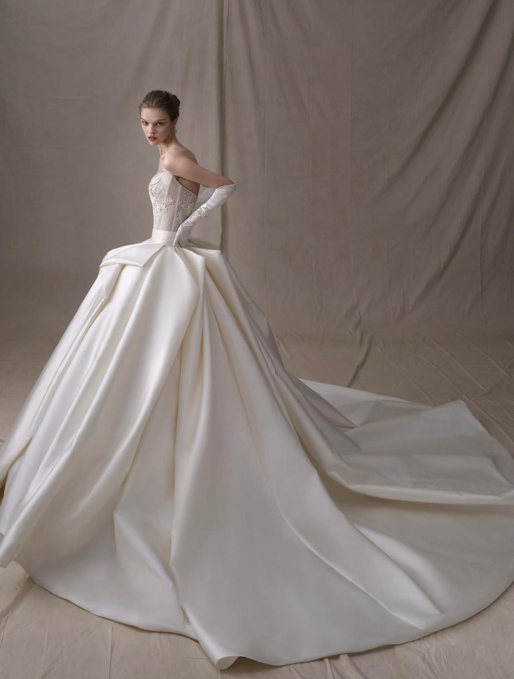 Strapless 3D Floral Satin Ball Gown Wedding Dress, Sheer Lace Bodice Bridal Gown, Luxury Big Bow Wedding Dress With Long Veil & Gloves
