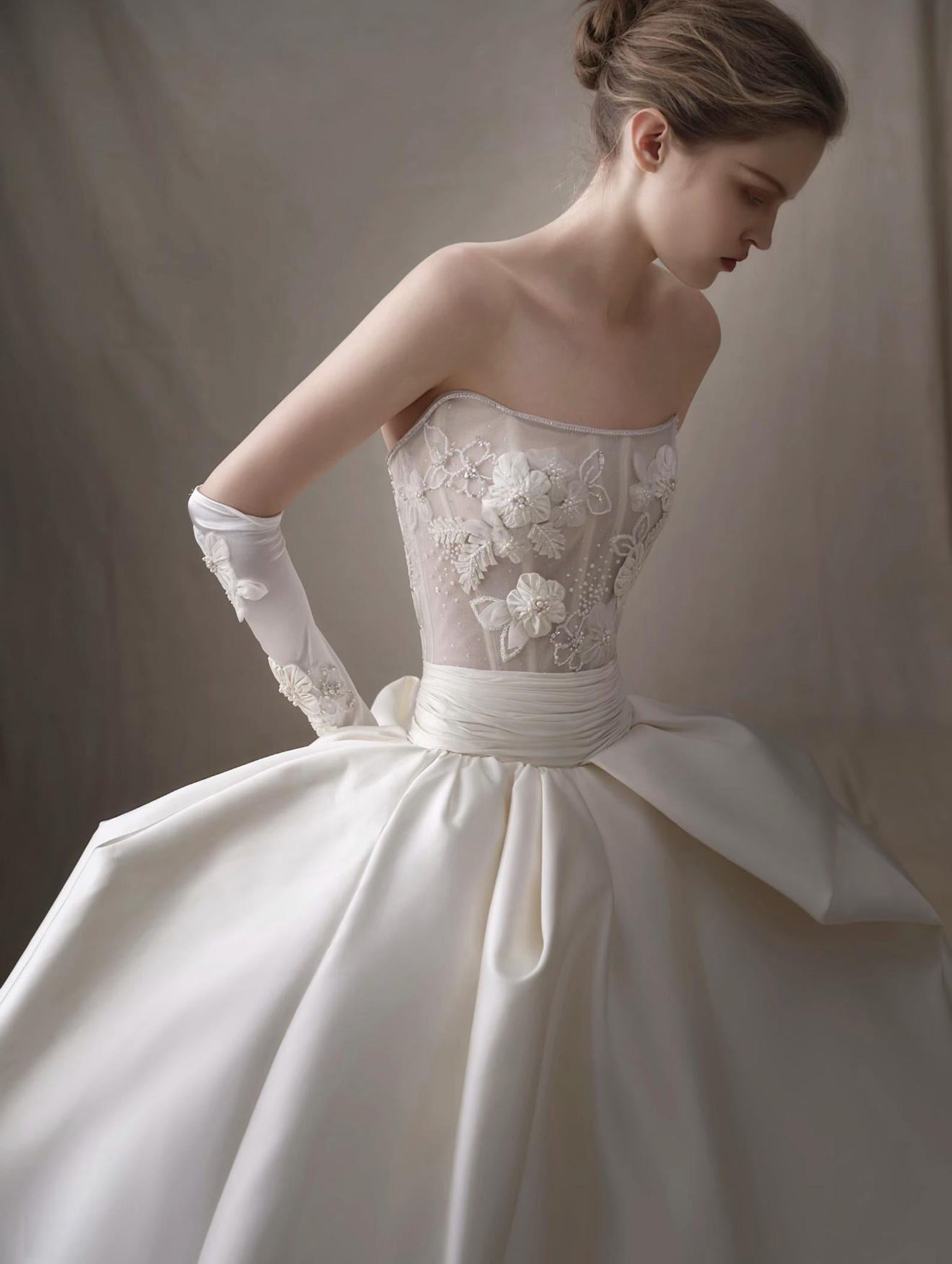 Strapless 3D Floral Satin Ball Gown Wedding Dress, Sheer Lace Bodice Bridal Gown, Luxury Big Bow Wedding Dress With Long Veil & Gloves