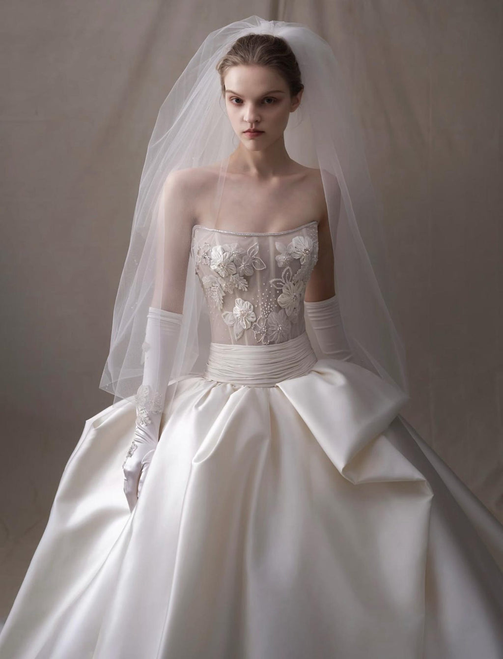 Strapless 3D Floral Satin Ball Gown Wedding Dress, Sheer Lace Bodice Bridal Gown, Luxury Big Bow Wedding Dress With Long Veil & Gloves