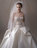 Strapless 3D Floral Satin Ball Gown Wedding Dress, Sheer Lace Bodice Bridal Gown, Luxury Big Bow Wedding Dress With Long Veil & Gloves