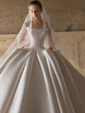 Square Neck Satin Ball Gown Wedding Dress, Crystal Waist Bridal Gown With Lace Veil