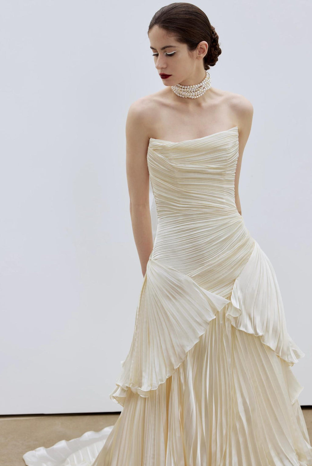Pleated Strapless Tiered Wedding Dress, Ruffled Bridal Gown