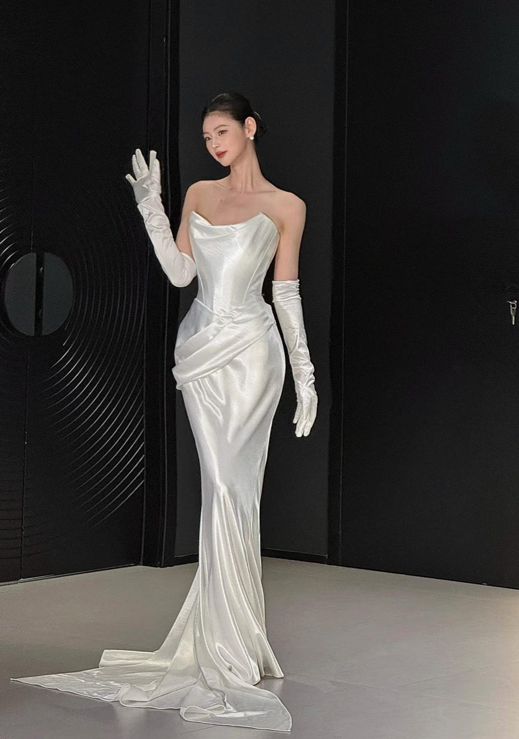 Silky Satin Mermaid Bridal Gown Draped Bodice Custom Size Wedding Dress