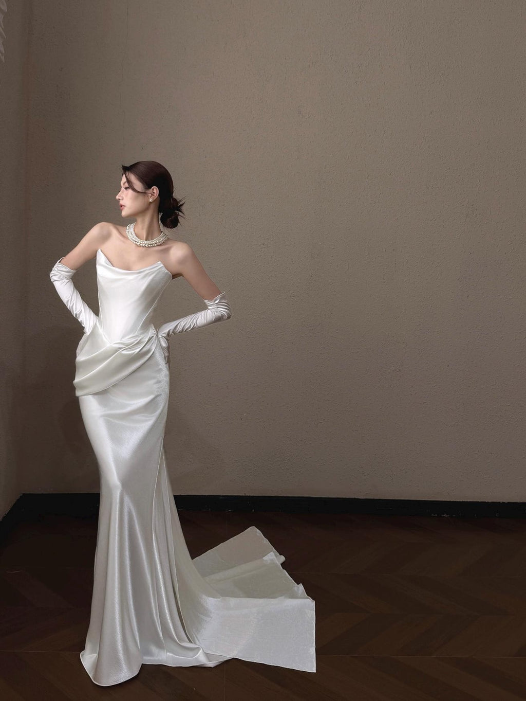 Silky Satin Mermaid Bridal Gown Draped Bodice Custom Size Wedding Dress