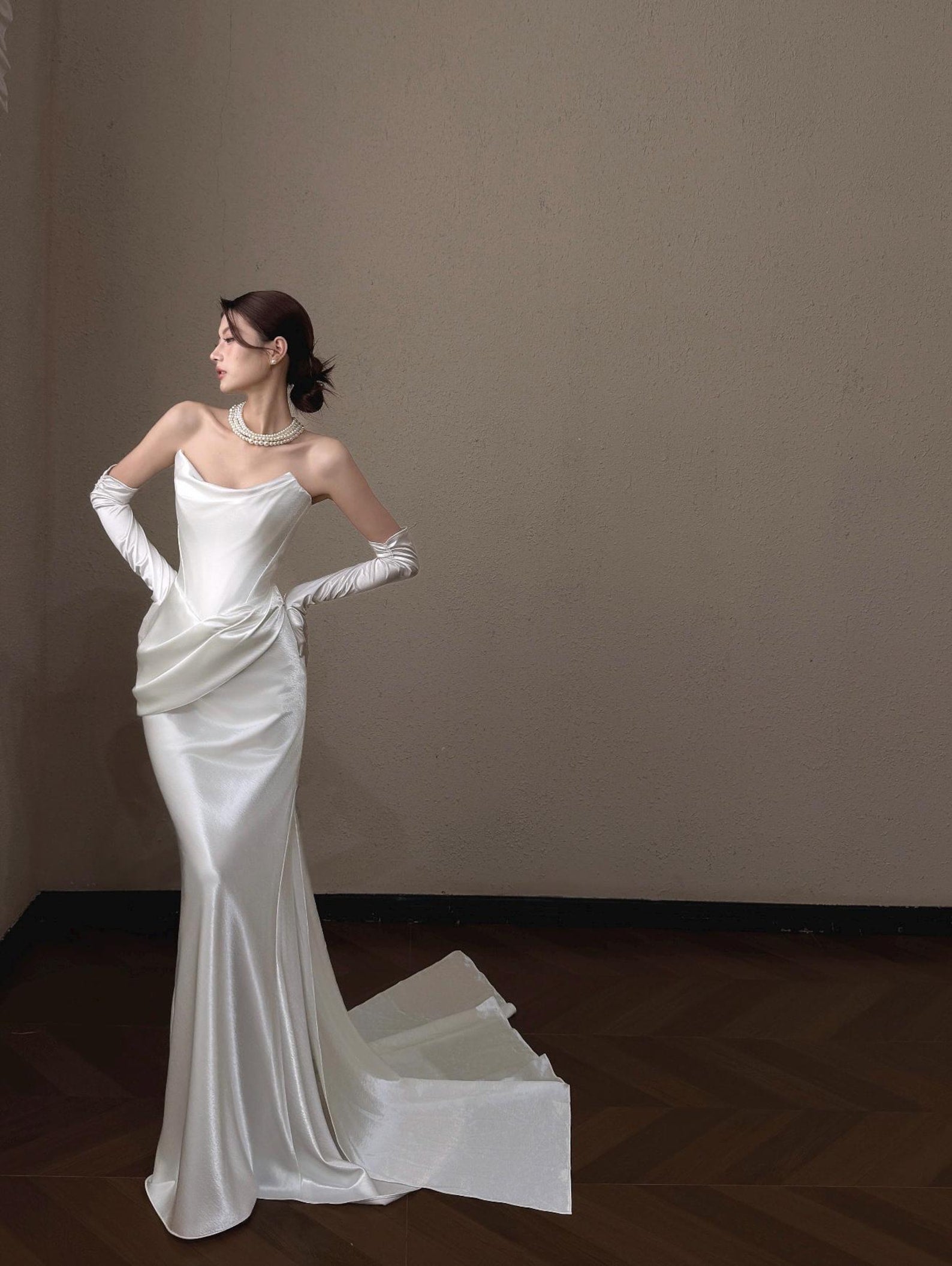 Silky Satin Mermaid Bridal Gown Draped Bodice Custom Size Wedding Dress