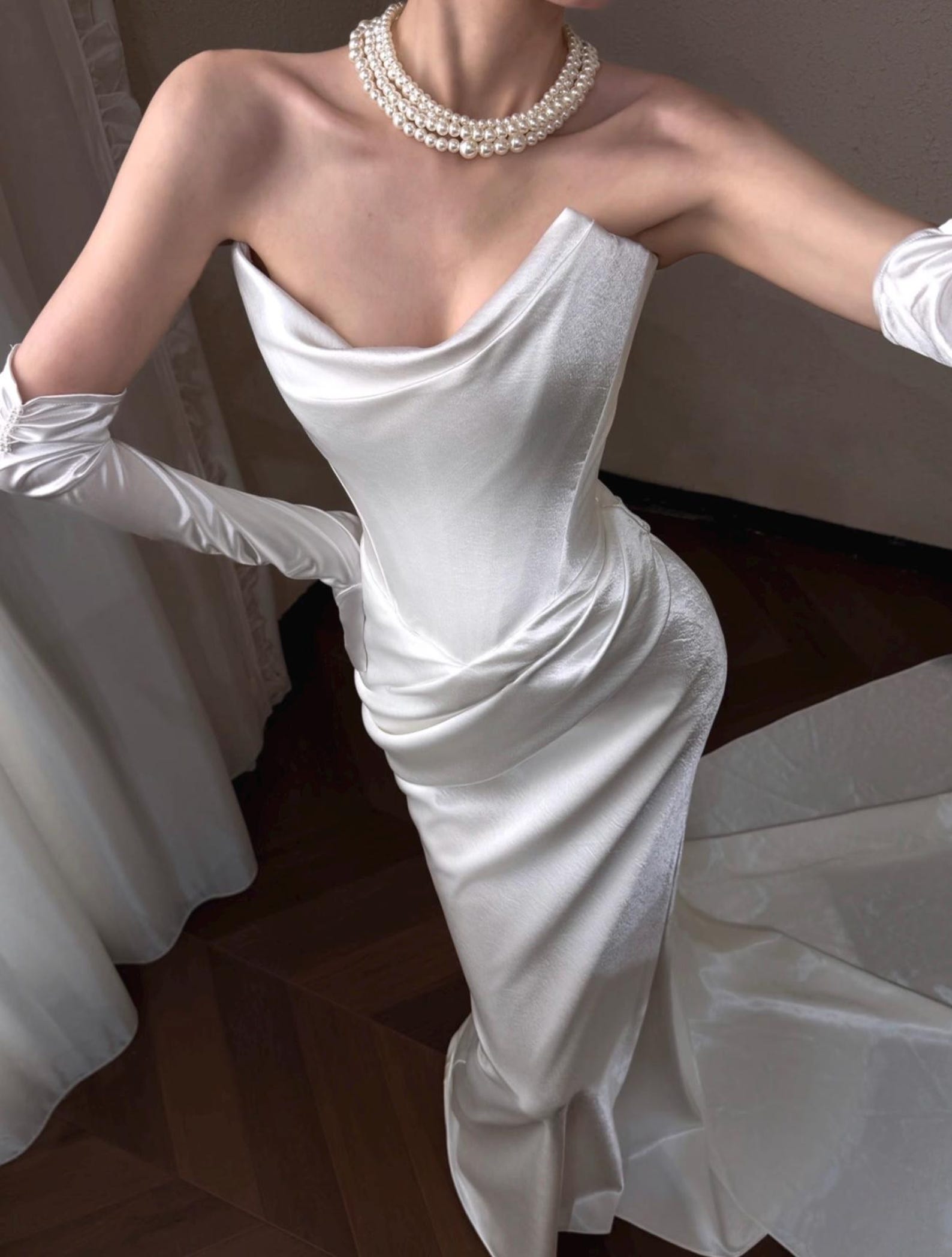 Silky Satin Mermaid Bridal Gown Draped Bodice Custom Size Wedding Dress
