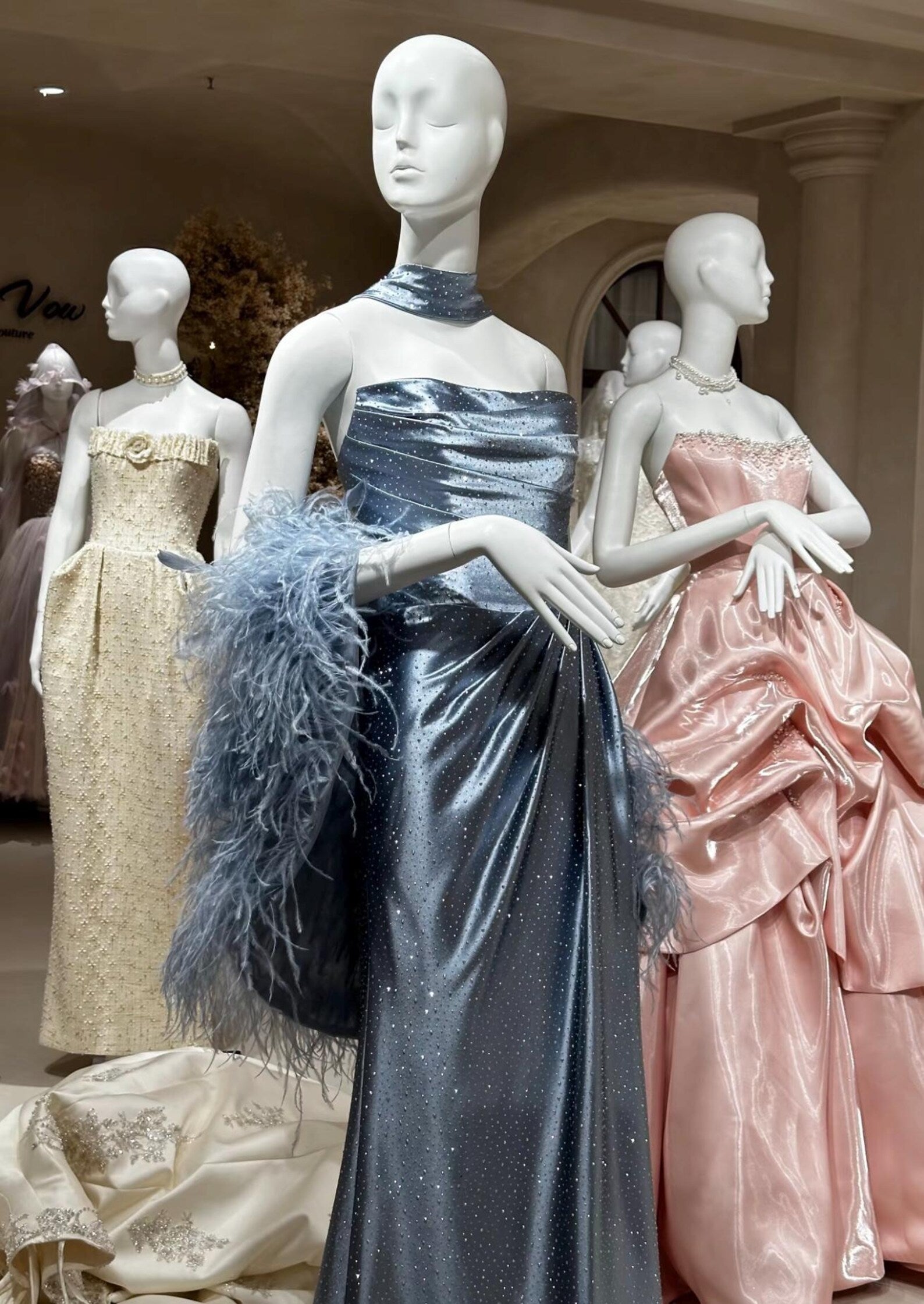 Dusty Blue Sparkle Satin Mermaid Evening Gown Detachable Ostrich Feather Sleeve Custom Formal Dress