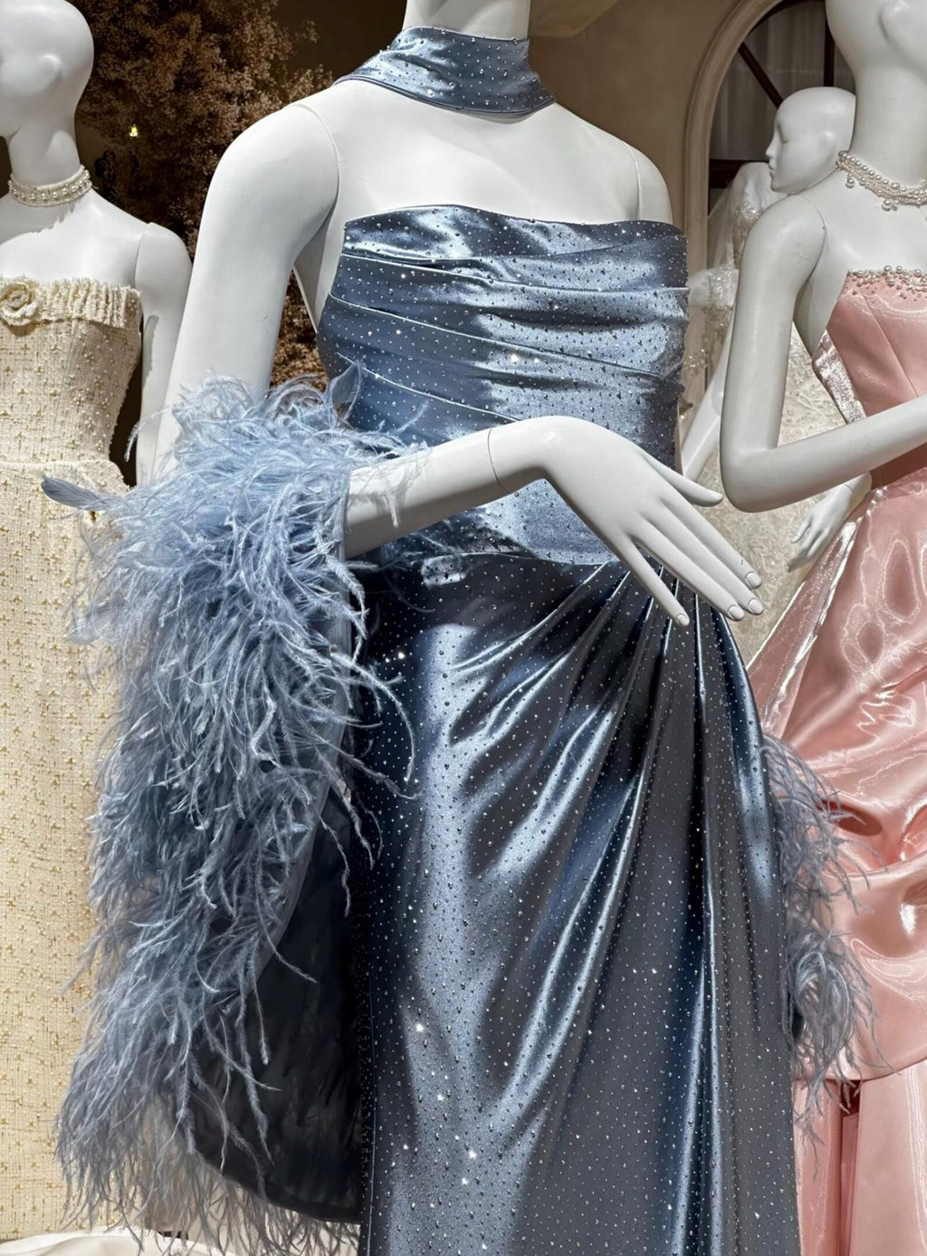 Dusty Blue Sparkle Satin Mermaid Evening Gown Detachable Ostrich Feather Sleeve Custom Formal Dress