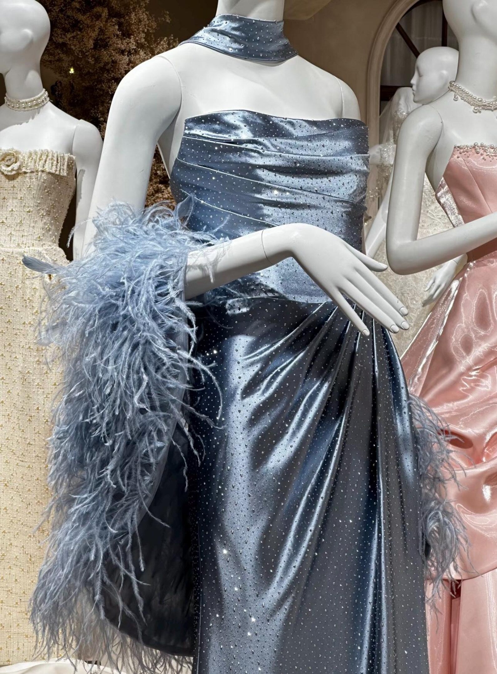 Dusty Blue Sparkle Satin Mermaid Evening Gown Detachable Ostrich Feather Sleeve Custom Formal Dress