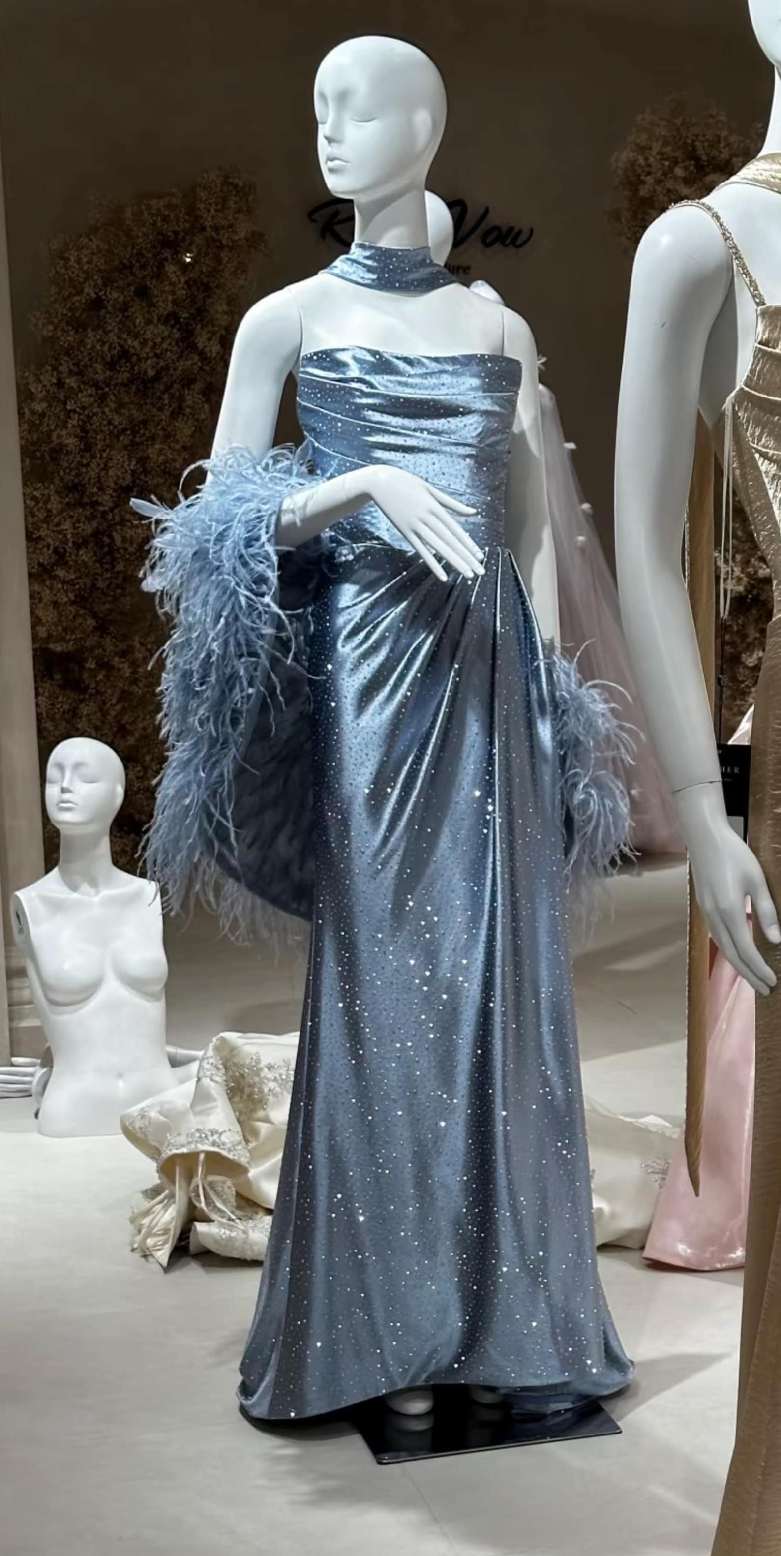 Dusty Blue Sparkle Satin Mermaid Evening Gown Detachable Ostrich Feather Sleeve Custom Formal Dress
