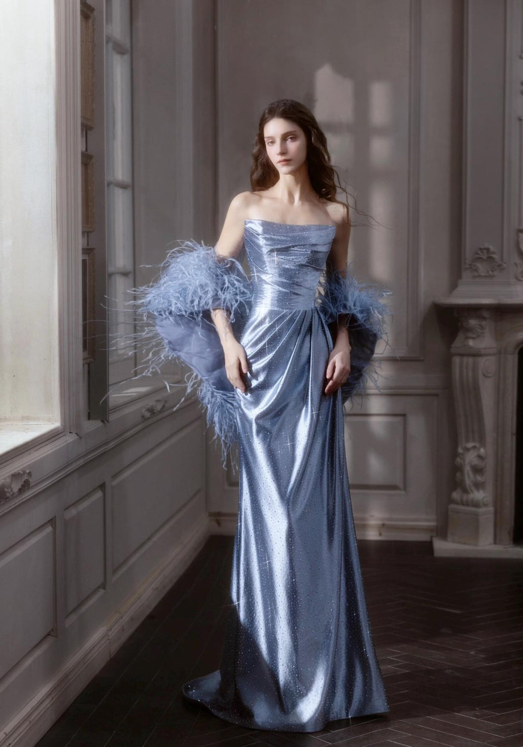 Dusty Blue Sparkle Satin Mermaid Evening Gown Detachable Ostrich Feather Sleeve Custom Formal Dress