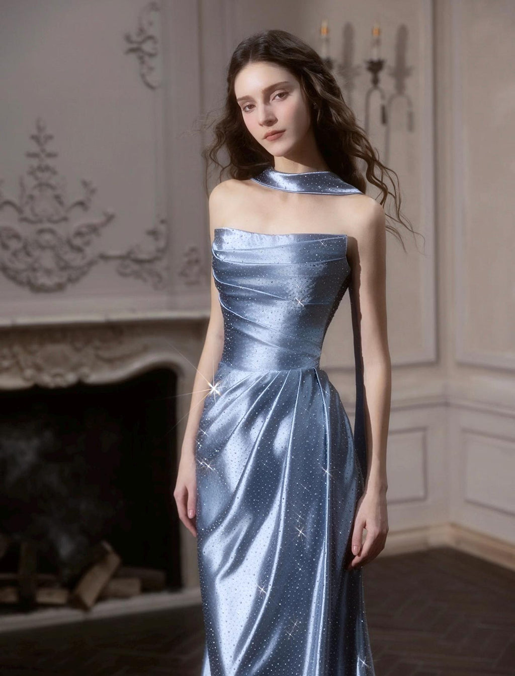 Dusty Blue Sparkle Satin Mermaid Evening Gown Detachable Ostrich Feather Sleeve Custom Formal Dress