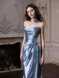 Dusty Blue Sparkle Satin Mermaid Evening Gown Detachable Ostrich Feather Sleeve Custom Formal Dress