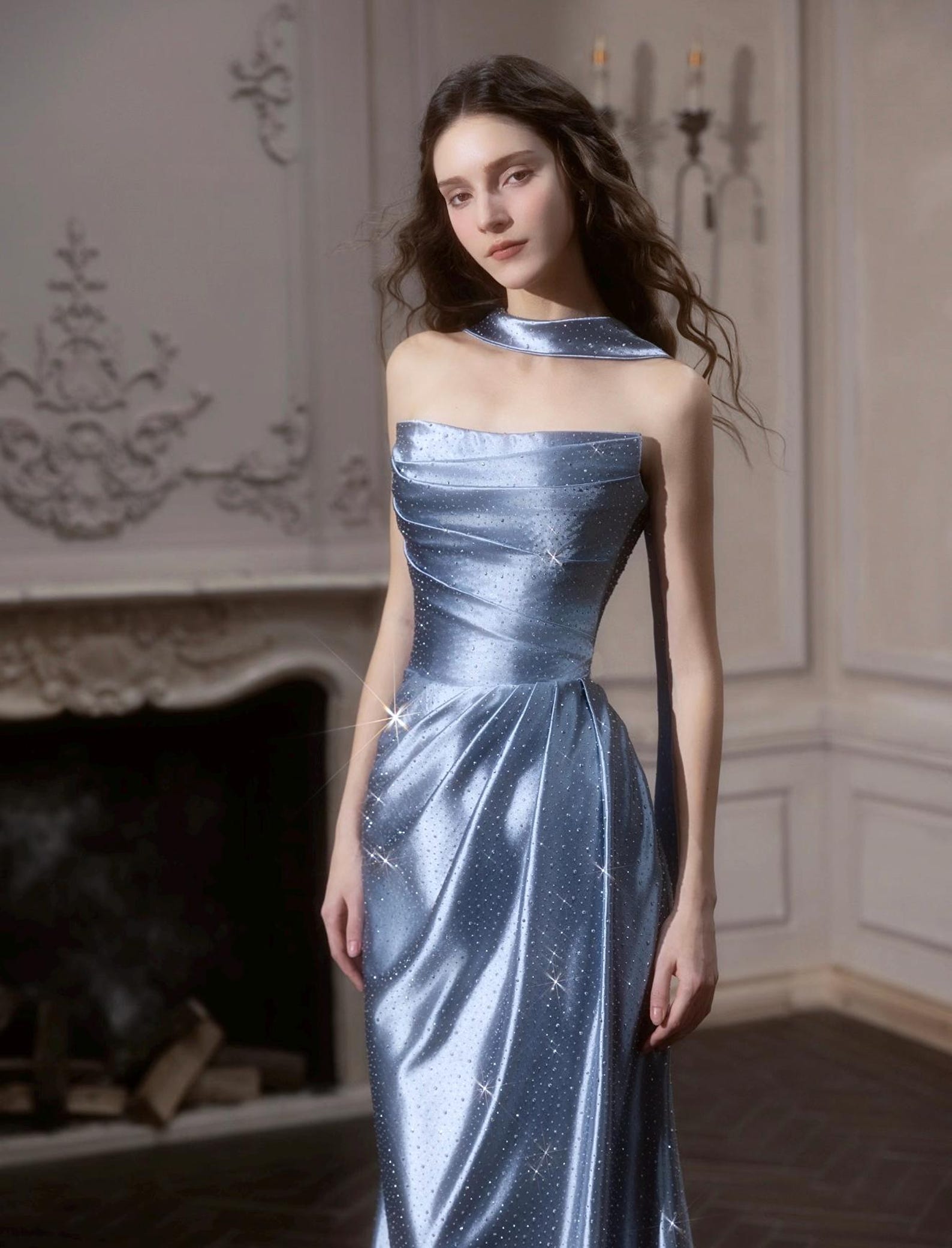 Dusty Blue Sparkle Satin Mermaid Evening Gown Detachable Ostrich Feather Sleeve Custom Formal Dress