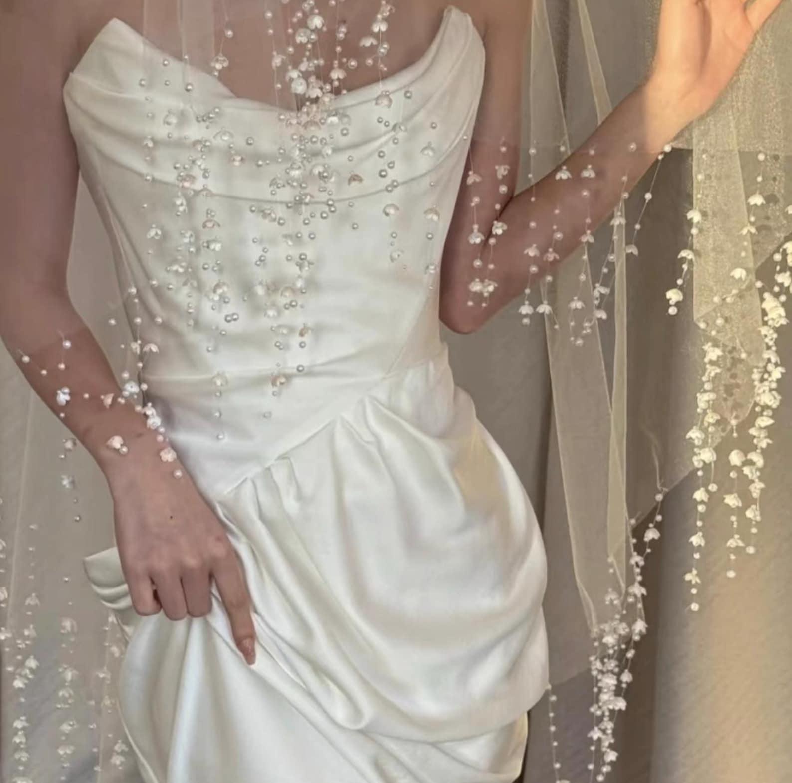 Lily of the Valley Cascading Pearl Bridal Veil, Single Tier Soft Tulle Wedding Veil with Hanging Floral Pearl Fringe