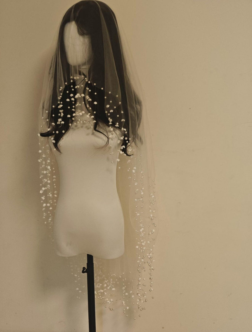 Lily of the Valley Cascading Pearl Bridal Veil, Single Tier Soft Tulle Wedding Veil with Hanging Floral Pearl Fringe