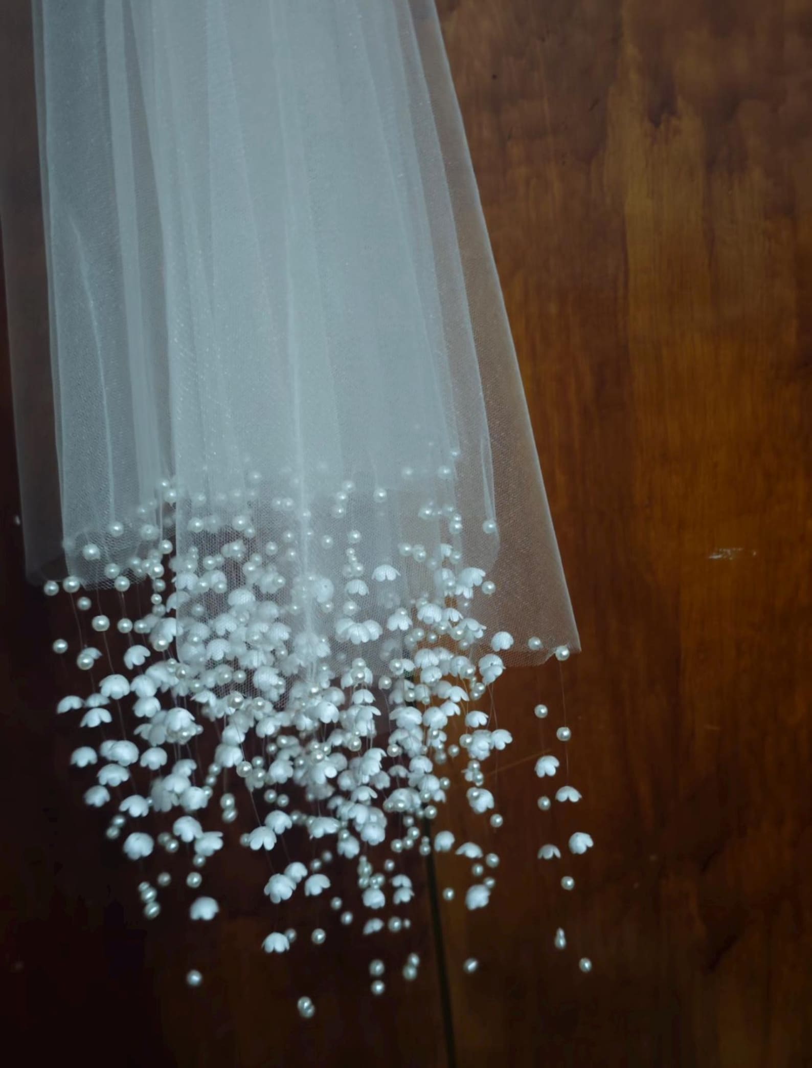 Lily of the Valley Cascading Pearl Bridal Veil, Single Tier Soft Tulle Wedding Veil with Hanging Floral Pearl Fringe