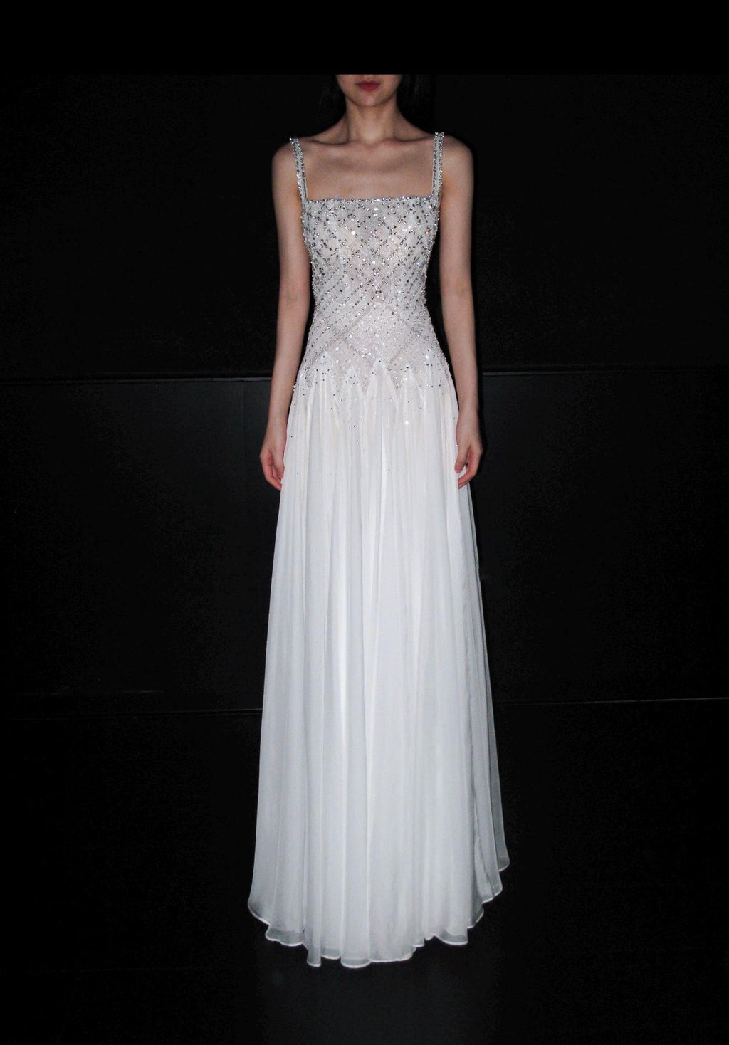 Hand Embellished Diamond Mesh Bodice Wedding Dress, Sleeveless Thin Strap Chiffon Bridal Gown, A Line Flowy Wedding Dress
