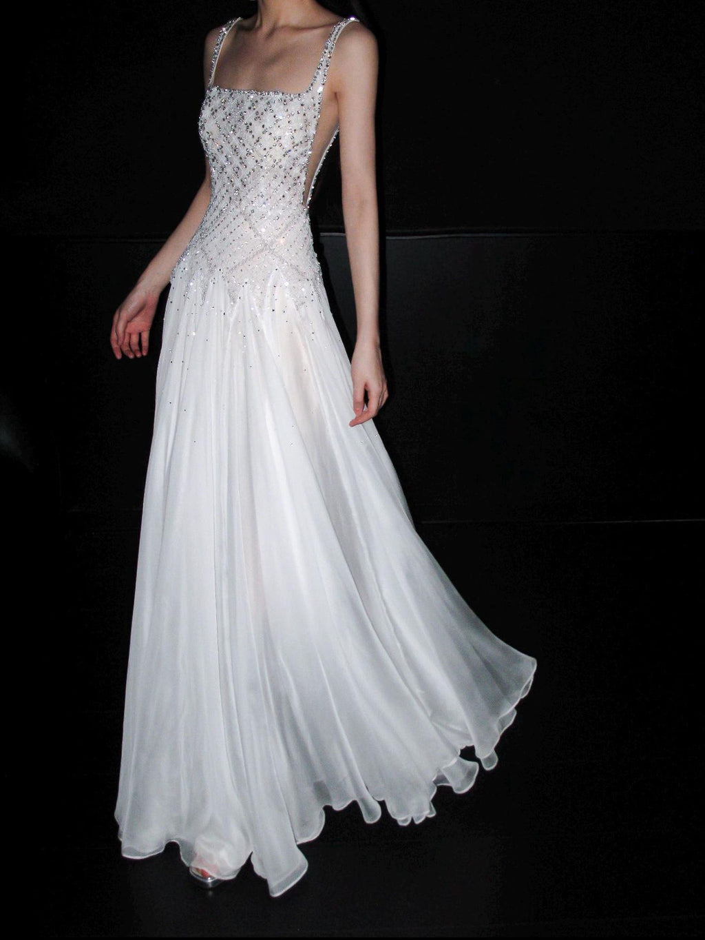 Hand Embellished Diamond Mesh Bodice Wedding Dress, Sleeveless Thin Strap Chiffon Bridal Gown, A Line Flowy Wedding Dress