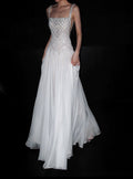 Hand Embellished Diamond Mesh Bodice Wedding Dress, Sleeveless Thin Strap Chiffon Bridal Gown, A Line Flowy Wedding Dress