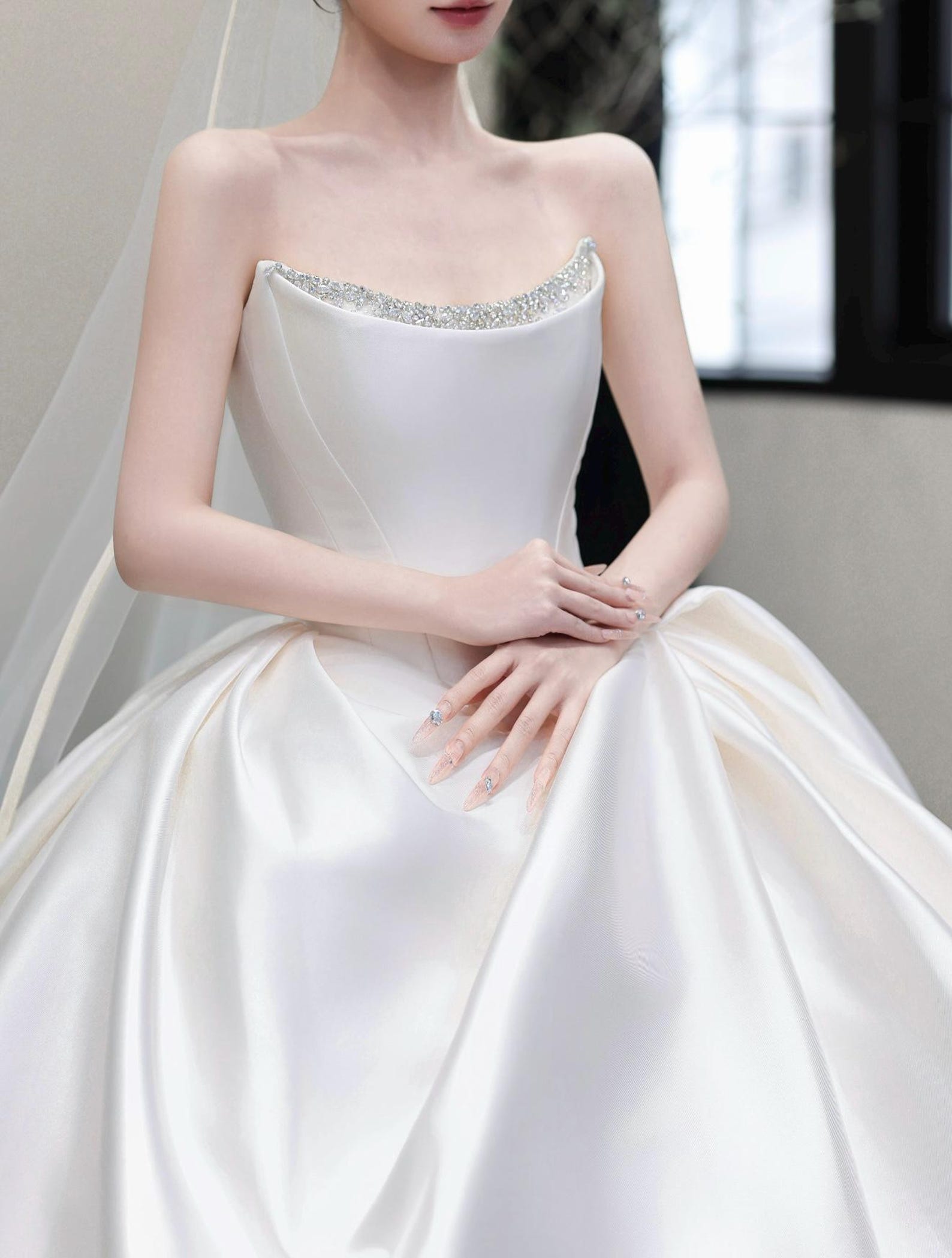 Strapless luxury mikado satin ball gown, crystal neck trim & oversized beaded bow, dreamy princess bridal dress for formal weddings.