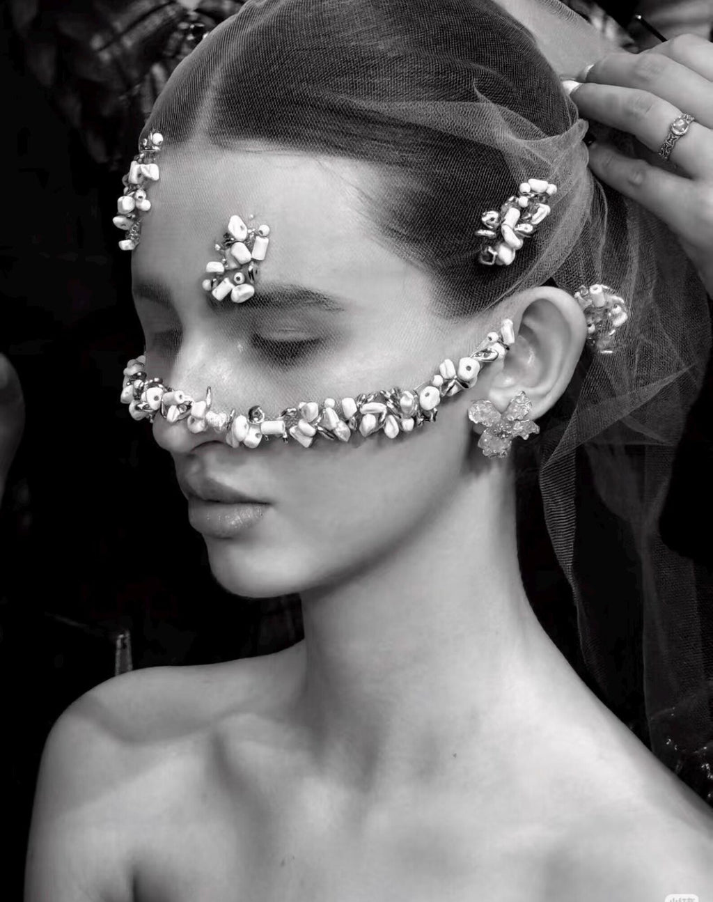 Fully Hand Sewn Shell Stone Short Tulle Veil, Unique Handcrafted Wedding Blusher Veil