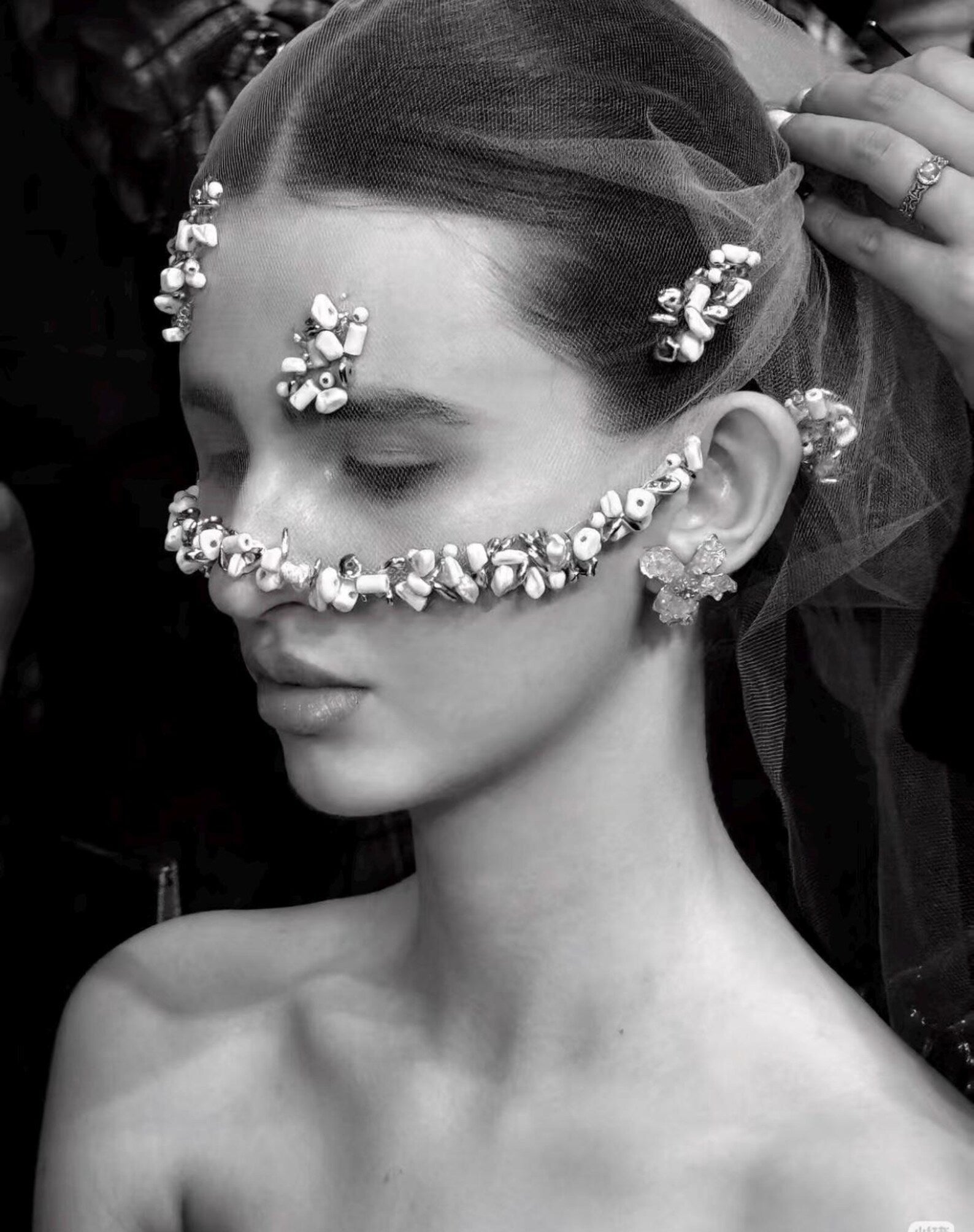 Fully Hand Sewn Shell Stone Short Tulle Veil, Unique Handcrafted Wedding Blusher Veil