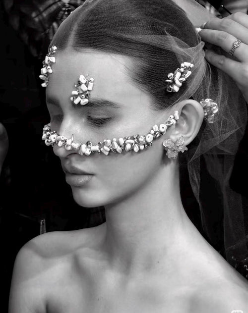 Fully Hand Sewn Shell Stone Short Tulle Veil, Unique Handcrafted Wedding Blusher Veil